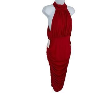 AX Paris High Neck Ruched Bodycon Mini Dress Size 10 Red Slinky knit NEW